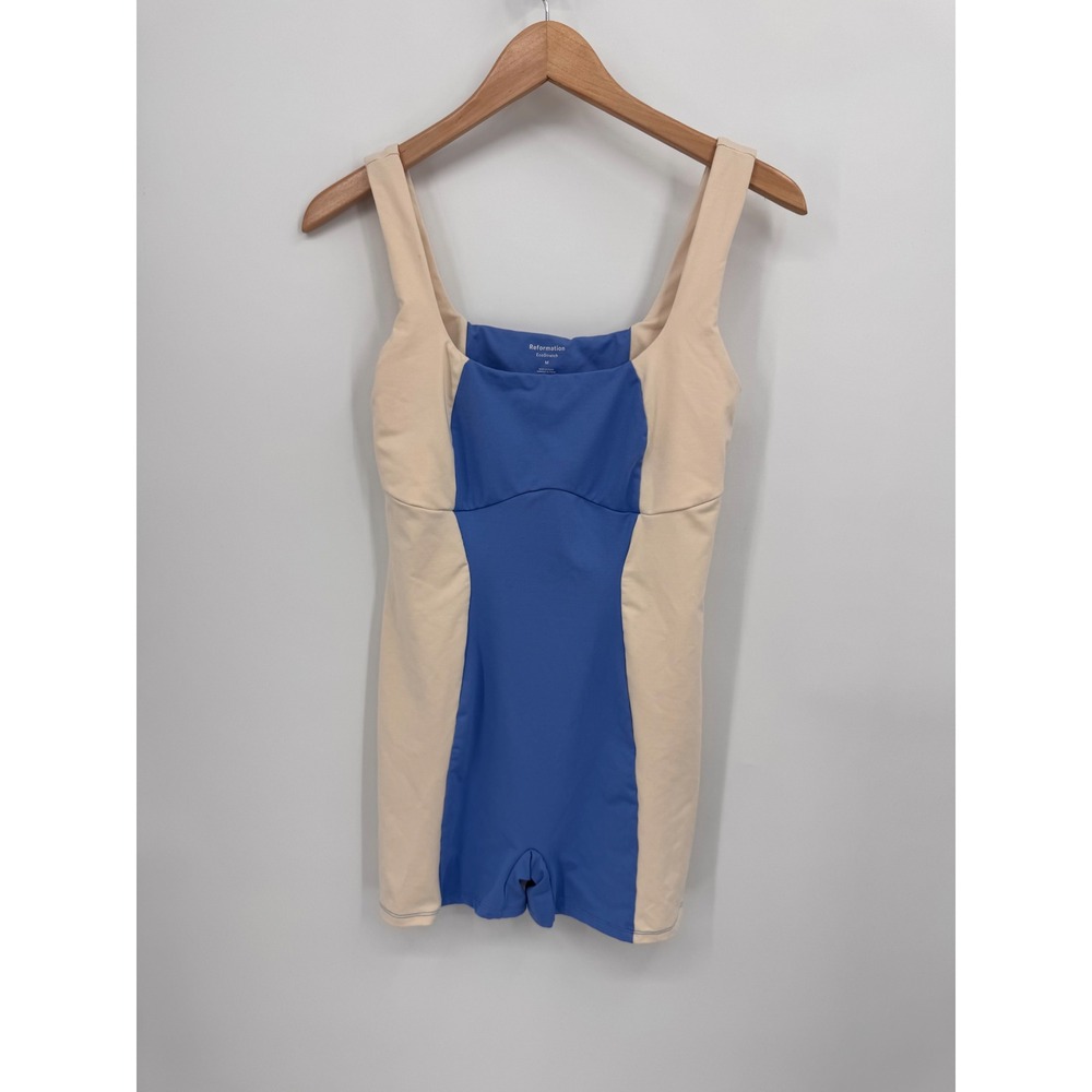 Reformation Adelyn Ecostretch Short Jumpsuit Women Medium Blue Tan Colorblock